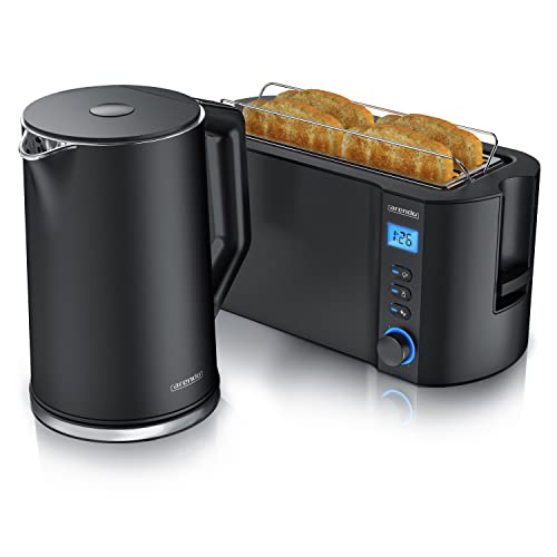 Arendo - Wasserkocher mit Toaster SET Edelstahl Schwarz, Wasserkocher 1,5L 40° 100°C Warmhaltefunktion Toaster 4 Scheiben LED-Display 6 Bräunungsgrade Brötchaufsatz von Arendo