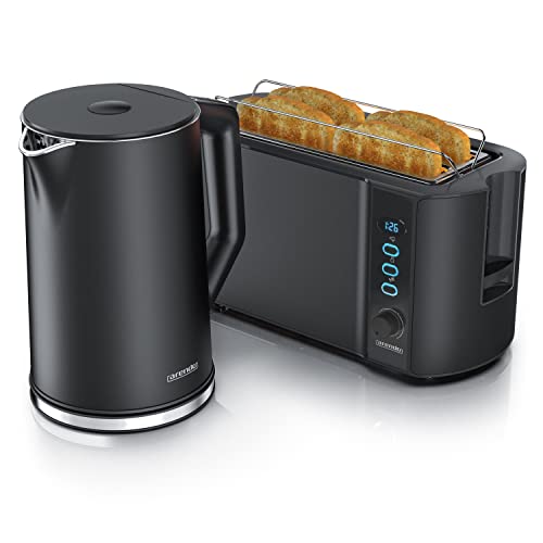 Arendo - Wasserkocher mit Toaster SET Edelstahl Schwarz, Wasserkocher 1,5L 40° 100°C Warmhaltefunktion Toaster 4 Scheiben LED-Display 6 Bräunungsgrade Brötchaufsatz von Arendo