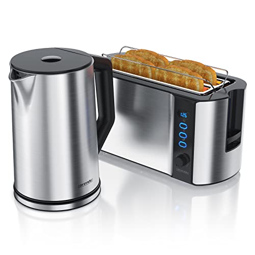 Arendo - Wasserkocher mit Toaster SET Edelstahl Silber, Wasserkocher 1,5L 40° 100°C Warmhaltefunktion Toaster 4 Scheiben LED-Display 6 Bräunungsgrade Brötchaufsatz von Arendo