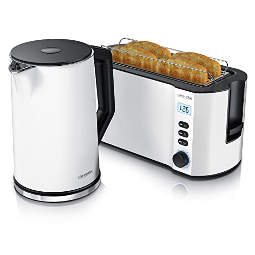 Arendo - Wasserkocher mit Toaster SET Edelstahl Weiß matt, Wasserkocher 1,5L 40° 100° Warmhaltefunktion Toaster 4 Scheiben LED-Display 6 Bräunungsgrade Brötchaufsatz von Arendo