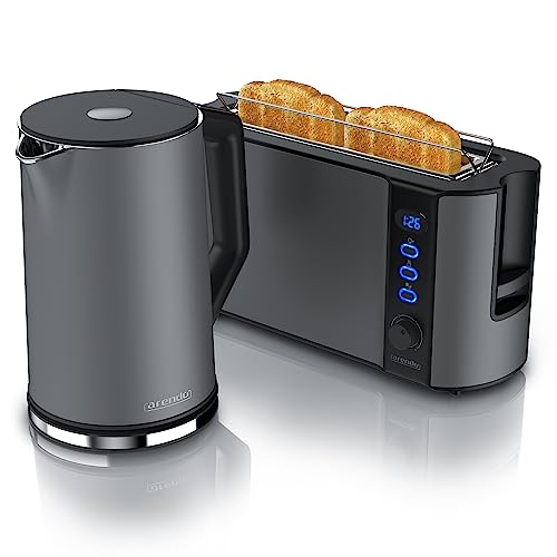 Arendo - Wasserkocher mit Toaster SET Edelstahl Cool Grey, Wasserkocher 1,5L 40°-100°C Warmhaltefunktion Toaster 2 Scheiben LED-Display 6 Bräunungsgrade Brötchaufsatz von Arendo