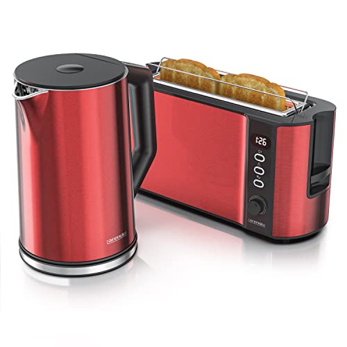 Arendo - Wasserkocher mit Toaster SET Edelstahl Rot, Wasserkocher 1,5L 40° - 100°C Warmhaltefunktion Toaster 2 Scheiben Display 6 Bräunungsgrade Brötchaufsatz von Arendo