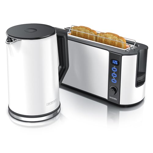 Arendo - Wasserkocher und Toaster im Set Edelstahl Weiß, Wasserkocher 1,5L 40°-100°C Warmhaltefunktion Toaster 2 Scheiben LED-Display 6 Bräunungsgrade Brötchaufsatz von Arendo