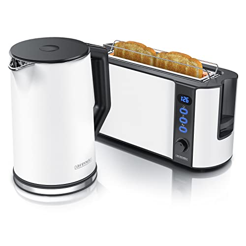 Arendo - Wasserkocher mit Toaster Set Edelstahl Weiß Matt, Wasserkocher 1,5L 40° - 100°C Warmhaltefunktion Toaster 2 Scheiben Display 6 Bräunungsgrade Brötchaufsatz von Arendo