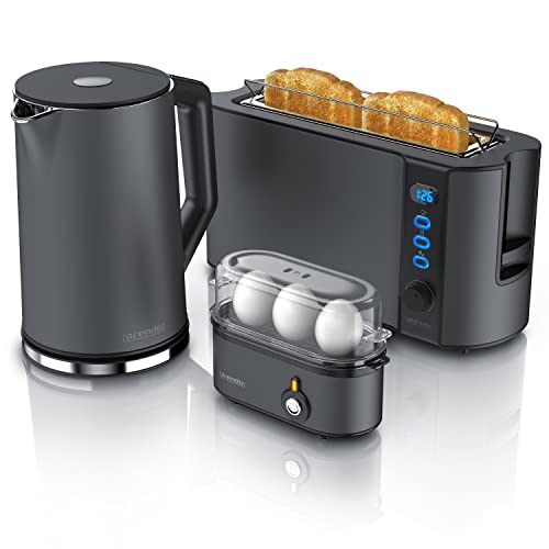 Arendo - Wasserkocher mit Toaster SET und Eierkocher Edelstahl Cool Grey, Wasserkocher 1,5L 40° - 100°C Toaster 2 Scheiben LED-Display 6 Bräunungsgrade Eierkocher 1-3 Eier Messbecher BPA frei von Arendo