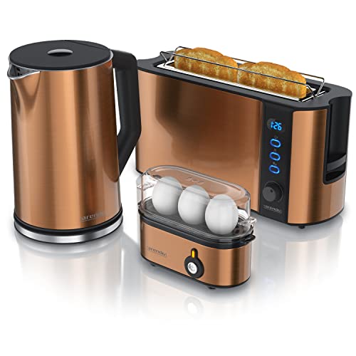 Arendo - Wasserkocher mit Toaster SET und Eierkocher Edelstahl Kupfer Wasserkocher 1,5L 40° - 100°C Toaster 2 Scheiben LED-Display 6 Bräunungsgrade Eierkocher 1-3 Eier Messbecher BPA frei von Arendo