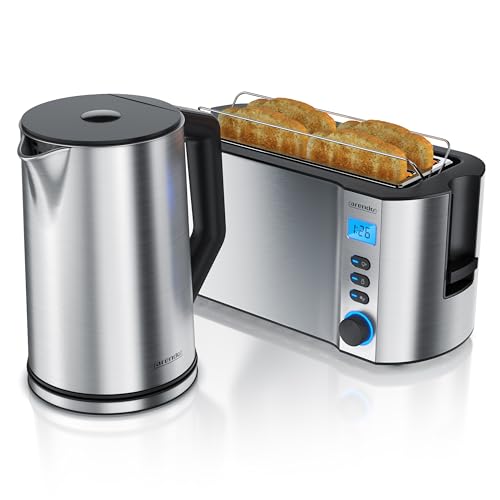 Arendo - Wasserkocher mit toaster SET Edelstahl Silber, Wasserkocher 1,5L, 40° - 100°C Warmhaltefunktion, Toaster 4 Scheiben, LED-Display, 6 Bräunungsgrade, Brötchaufsatz von Arendo