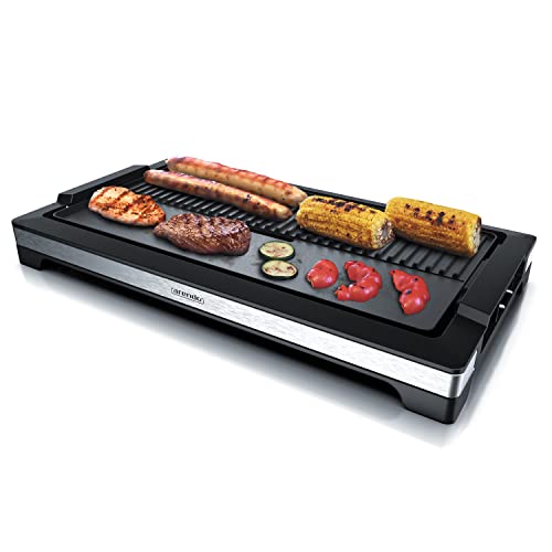 Arendo - elektrischer Tischgrill mit 5 Heizstufen, 2in1 Grillfläche, antihaftbeschichtete Grillplatte, spülmaschinengeeignetes Zubehör, 2200 W, Schwarz/Silber von Arendo