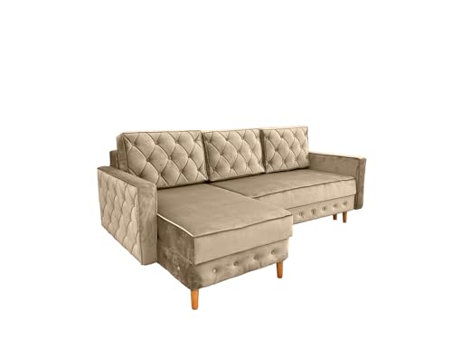 Ares Meble Ecksofa mit Schlaffunktion 227x144 cm - Ottomane Sofa L Form - L Couch 3 Sitzer - Schlafcouch mit Bettkasten - Samt Sofa Glamour - Chesterfield Sofas Ausziehbar - Beine aus Erle - Schwarz von Ares Meble