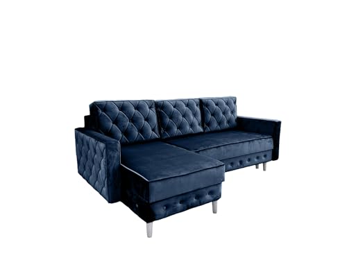 Ares Meble Ecksofa mit Schlaffunktion 227x144 cm - Ottomane Sofa L Form - L Couch 3 Sitzer - Schlafcouch mit Bettkasten - Samt Sofa Glamour - Chesterfield Sofas Ausziehbar - Weiße Beine - Dunkelblau von Ares Meble