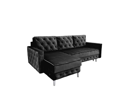 Ares Meble Ecksofa mit Schlaffunktion 227x144 cm - Ottomane Sofa L Form - L Couch 3 Sitzer - Schlafcouch mit Bettkasten - Samt Sofa Glamour - Chesterfield Sofas Ausziehbar - Weiße Beine - Schwarz von Ares Meble