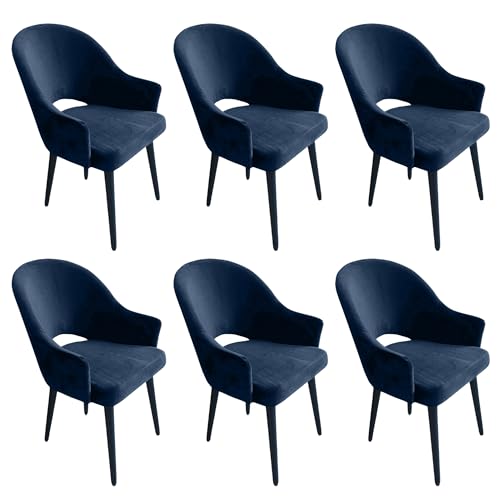 Ares Meble Esszimmerstühle 6er Set mit Armlehne Polo - 47 x 55 x 88 cm Esstisch Stühle - Stuhl zum Esszimmer, Wohnzimmer, Küche - aus Buchenholz Samt - Dunkelblau, Beine Schwarz von Ares Meble