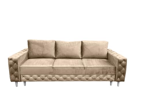 Ares Meble Komo Sofa Mit Schlaffunktion 240x98 cm - Sofa 3 Sitzer - Schlafsofa Mit Bettkasten - Samt Sofa - Eleganz Couch 3 Sitzer - Wohnzimmer Sofas - Sofa Bed - Beine Weiß - Beige von Ares Meble
