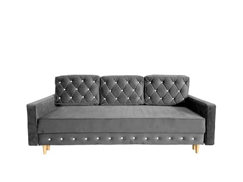 Ares Meble Lux Schlafsofa mit Bettkasten - Glamour Sofa - Relaxsofa 3 Sizer - Wohnlandschaft mit Schlaffunktion - Samt Sofa Wohnzimmer - Schlafcouch Ausziehbar - 220 x 100 cm - Sofa Grau von Ares Meble