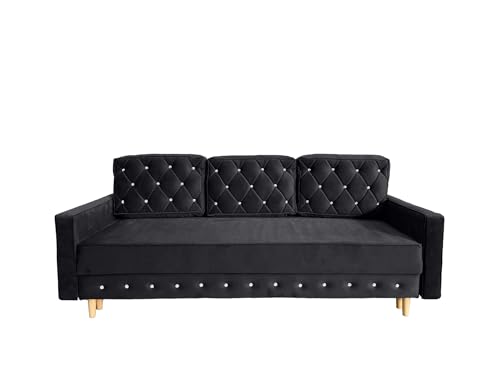 Ares Meble Lux Schlafsofa mit Bettkasten - Glamour Sofa - Relaxsofa 3 Sizer - Wohnlandschaft mit Schlaffunktion - Samt Sofa Wohnzimmer - Schlafcouch Ausziehbar - 220 x 100 cm - Sofa Schwarz von Ares Meble