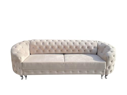 Ares Meble Molly Schlafsofa Mit Bettkasten - Chesterfield Relaxsofa 3 Sizer - Wohnlandschaft Mit Schlaffunktion - Samt Wohnzimmer - Schlafcouch Ausziehbar - 290 x 100 cm - Beige von Ares Meble