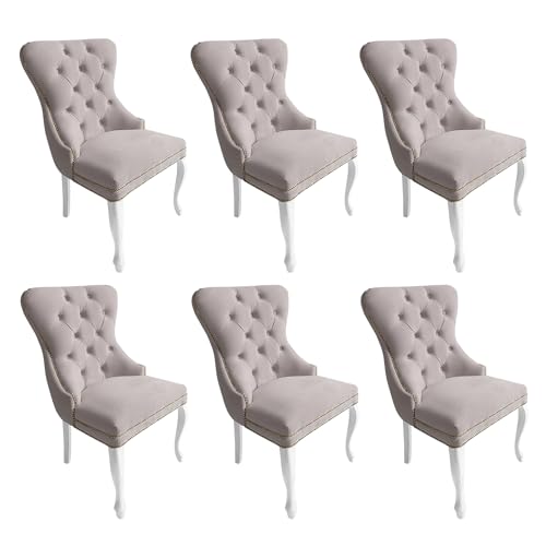 Meble Ares Esszimmerstühle 6er Set Madame - Glamour Stil - Samt Stuhl Esszimmer - Dining Chair - Seselstuhl Wohnzimmer - Schminktisch Stuhl - Ankleidezimmer Möbel - Buchenholz, Gesteppt, Hellgrau von Ares Meble