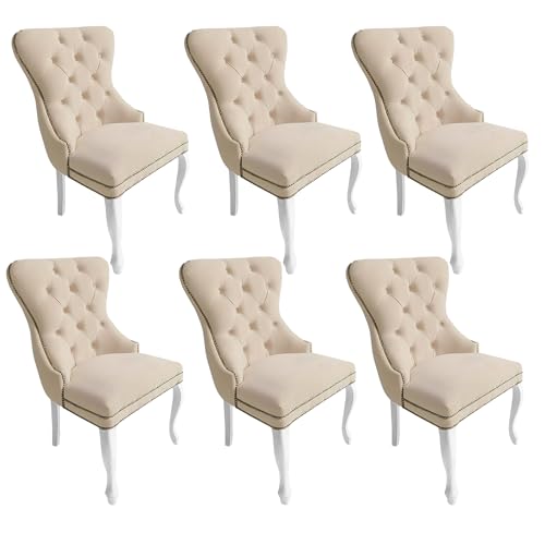 Meble Ares Esszimmerstühle 6er Set Madame - Glamour Stil - Samt Stuhl Esszimmer - Seselstuhl Wohnzimmer, Schminktisch Stuhl - Ankleidezimmer Möbel - Buchenholz, Gesteppt, Beige - Weiß von Ares Meble