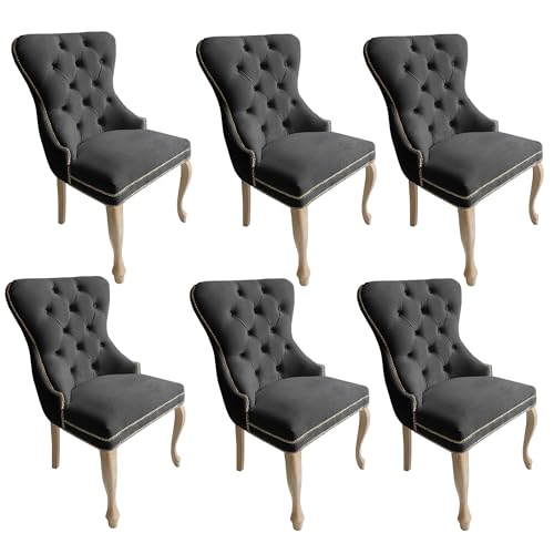 Meble Ares Esszimmerstühle 6er Set Madame - Glamour Stil - Samt Stuhl Esszimmer - Seselstuhl Wohnzimmer, Schminktisch Stuhl - Ankleidezimmer Möbel - Buchenholz, Gesteppt, Dunkelgrau - Rustikal von Ares Meble