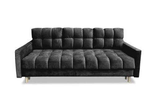 Meble Ares Stilvolles Sofa 3-Sitzer Rocco Mit Schlaffunktion und Bettkasten - Praktisches Ausziehbares Schlafsofa Mit Gesteppten Seiten - Holzbeine, Velours - Schwarz von Ares Meble