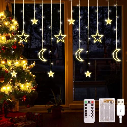 Arespark Sterne Mond Lichterkette, 3,5M LED Ramadan Lichtervorhang Batteriebetriebe/USB Lichterkette, 8 Modi Vorhanglicht Ideal für Hochzeit Party Fenster Balkon, Ramadan deko von Arespark