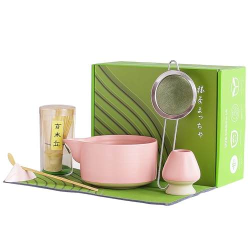 Matcha Set Pink,7 Teiliges Matcha Set,Matchaschale mit Ausgießer, Matcha Whisk,Matcha Löffel,Matcha Besen Halter,Matcha Sieb,Keramik Löffel Haken,Teetuch,ist das für Matcha-Liebhaber (Rosa) von Aresvrgo
