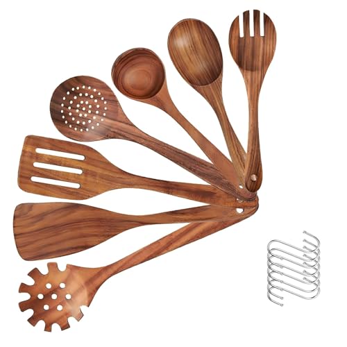 Pfannenwender Holz, Kochlöffel Holz Set, Küchenutensilien 7 Teiliges Pfannenwender, Spatel, Nudellöffel, Kochlöffel, Schaumlöffel, Salatlöffel, Salatgabel Mit Haken (7 Stück) von Aresvrgo