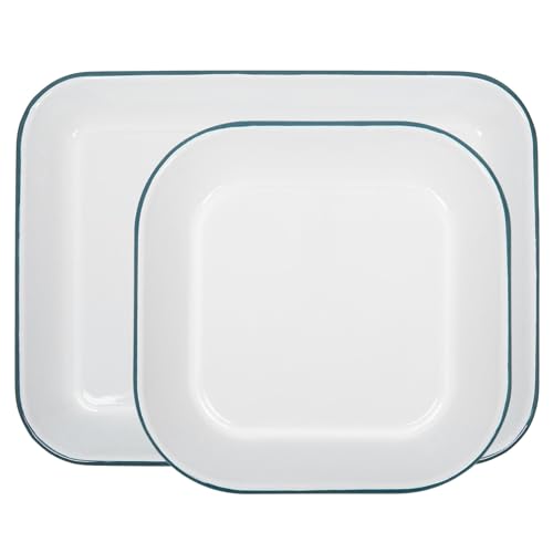 Argon Tableware 2pc Grün Weiß Emaille-Backblech-Set - Flat Küche Backgeschirr Tin Ofen Backen Braten Kochen Blatt Pfanne Tabletts von Argon Tableware
