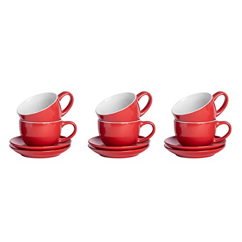 Argon Tableware 12 Stück Farbige Cappuccino Tasse und Untertasse Set - Modern Style Porzellan-Tee-und Kaffeetasse - Rot - 250ml von Argon Tableware