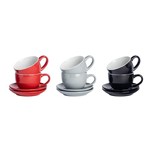 Argon Tableware 12 Stück Farbige Cappuccino Tasse und Untertasse Set - Modern Style Porzellan-Tee-und Kaffeetasse - Rot Schwarz Grau - 250ml von Argon Tableware