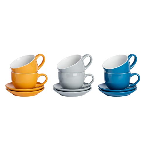 Argon Tableware 12 Stück Farbige Cappuccino Tasse und Untertasse Set - Modern Style Porzellan-Tee-und Kaffeetassen - Blau, Grau, Gelb - 250ml von Argon Tableware