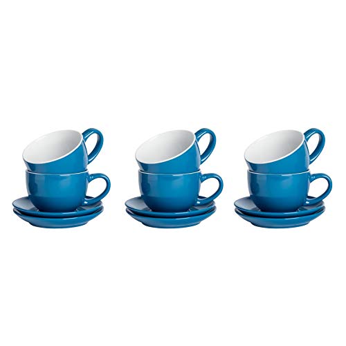 Argon Tableware 12 Stück Farbige Cappuccino Tasse und Untertasse Set - Modern Style Porzellan-Tee-und Kaffeetassen - Blau - 250ml von Argon Tableware