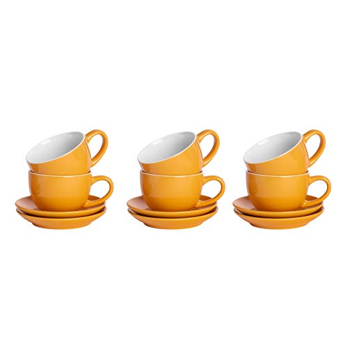 Argon Tableware 12 Stück Farbige Cappuccino Tasse und Untertasse Set - Modern Style Porzellan-Tee-und Kaffeetassen - Gelb - 250ml von Argon Tableware
