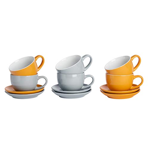 Argon Tableware 12 Stück Farbige Cappuccino Tasse und Untertasse Set - Modern Style Porzellan-Tee-und Kaffeetassen - Grau + Gelb - 250ml von Argon Tableware