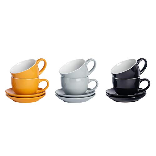 Argon Tableware 12 Stück Farbige Cappuccino Tasse und Untertasse Set - Modern Style Porzellan-Tee-und Kaffeetassen - Schwarz, Grau, Gelb - 250ml von Argon Tableware
