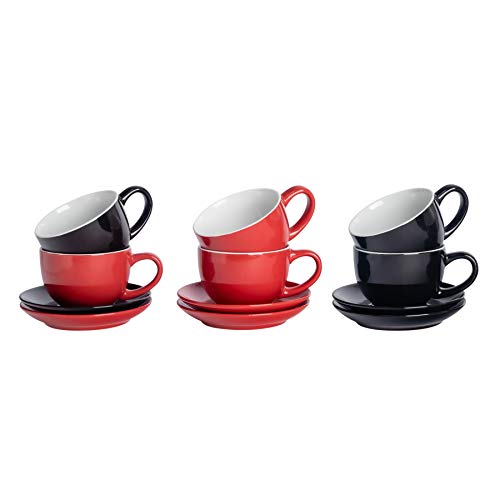 Argon Tableware 12 Stück Farbige Cappuccino Tasse und Untertasse Set - Modern Style Porzellan-Tee-und Kaffeetassen - rot + schwarz - 250 ml von Argon Tableware