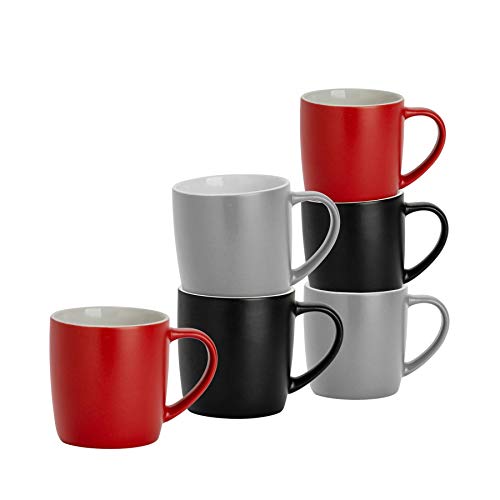 Argon Tableware 6 Stück Matt Tee und Kaffeetasse Set - Modern Style Porzellan Cappuccino Latte Becher - Schwarz Rot Grau - 350ml von Argon Tableware
