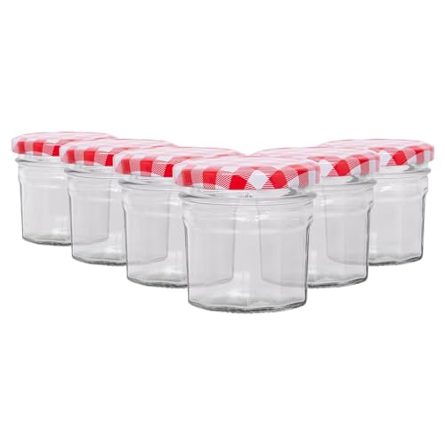 Argon Tableware 6X 110ml Marmeladengläser mit Rote Gingham Deckel - Leer Schraubenkopf Küche Essen Honig Würzen Konservieren Einmachen Lagerung Glas-Set von Argon Tableware