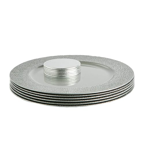 Argon Tableware Metallic-Platzteller- und Untersetzer-Set – gehämmertes Silber – 12 Stück – 33 cm – Metallic-Finish, Wiederverwendbare Esstisch-Gedeckteller, Getränke-Tischsets für Weihnachten von Argon Tableware