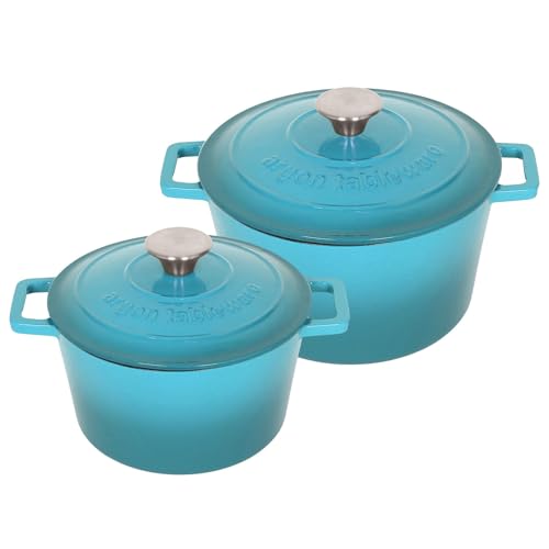 Argon Tableware Runde Auflaufform aus Gusseisen mit Selbstbefeuchtendem Deckel - 4,5L / 2,8L - Blaugrünes Ombre - 2 Stück Induktionskochfeld Kochen Schmortopf Brot Backen Servier Braten Kochgeschirr von Argon Tableware
