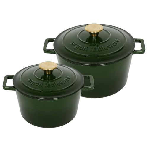Argon Tableware Runde Auflaufform aus Gusseisen mit Selbstbefeuchtendem Deckel - 4,5L / 2,8L - Grün - 2 Stück Induktionskochfeld Kochen Schmortopf Brot Backen Servier Braten Eintopf Kochgeschirr von Argon Tableware