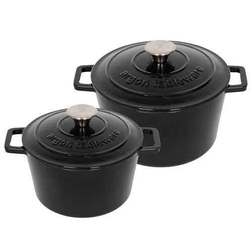 Argon Tableware Runde Auflaufform aus Gusseisen mit Selbstbefeuchtendem Deckel - 4,5L / 2,8L - Mattschwarz - 2 Stück Induktionskochfeld Kochen Schmortopf Brot Backen Servier Braten Kochgeschirr von Argon Tableware