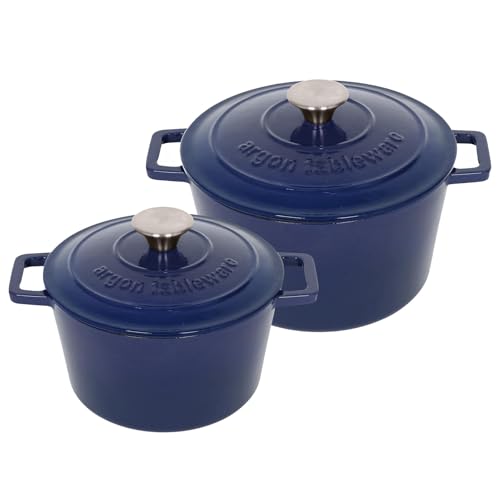 Argon Tableware Runde Auflaufform aus Gusseisen mit Selbstbefeuchtendem Deckel - 4,5L / 2,8L - Mitternachtsblau - 2 Stück Induktionskochfeld Kochen Schmortopf Brot Backen Servier Braten Kochgeschirr von Argon Tableware