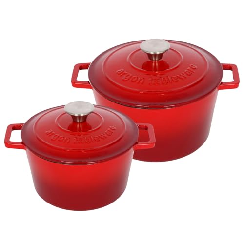 Argon Tableware Runde Auflaufform aus Gusseisen mit Selbstbefeuchtendem Deckel - 4,5L / 2,8L - Rotes Ombre - 2 Stück Induktionskochfeld Kochen Schmortopf Brot Backen Servier Braten Kochgeschirr von Argon Tableware