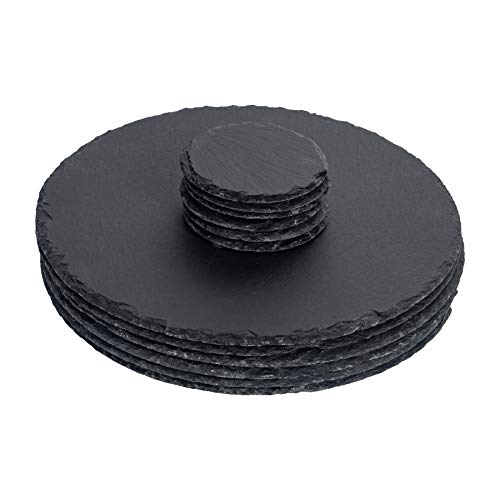 Argon Tableware 12-teiliges Set aus runden Tischsets und Untersetzern aus Schiefer - schwarzer Naturstein, Geschirr, Teller, Tischsets, Getränkeuntersetzer für Küche, Zuhause, Bar, Restaurant von Argon Tableware
