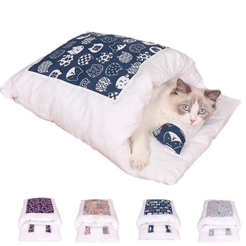 Argumub Orthopädischer Katzenschlafsack Katzenbett Katzenschlafsack Flauschig Warmer Abnehmbare Waschbare Kleines Haustierbett Für Katzen Hunde (M, Blue Cat) von Argumub