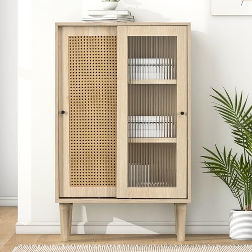 Arhatreya 100 cm hohes holzfarbenes Sideboard mit Kunststoff-Rattantüren und Schiebetüren aus Glas, mit 6 Fächern hinter den Türen von Arhatreya