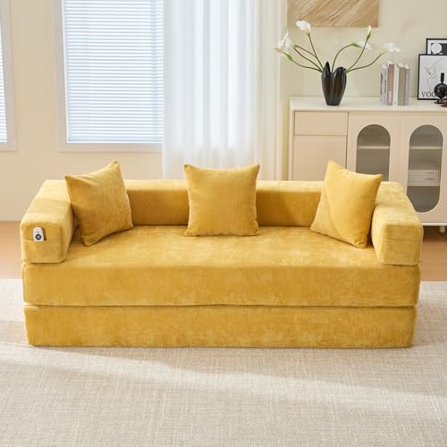Arhatreya 2 Sitzer Modulares Sofa Gästesofa Modern Couch, 2er Sitzsofa mit Seitentaschen und Rutschfester Unterseite, Polstersofa für Wohnzimmer, Wohnung, Buros, Chenille, Gelb von Arhatreya