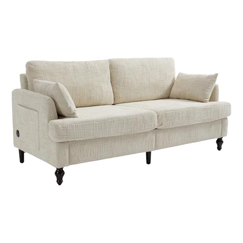 Arhatreya 2 Sitzer Sofa Couch mit Holzbeinen, 2er Gästesofa mit Aufbewahrungstasche und USB-Ladefunktion, Sitzsofa mit LED-Licht für Wohnzimmer, Schlafzimmer, Wohnung, Chenille, Beige von Arhatreya