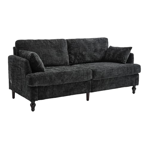 Arhatreya 2 Sitzer Sofa Couch mit Holzbeinen, 2er Gästesofa mit Aufbewahrungstasche und USB-Ladefunktion, Sitzsofa mit LED-Licht für Wohnzimmer, Schlafzimmer, Wohnung, Chenille, Schwarz von Arhatreya